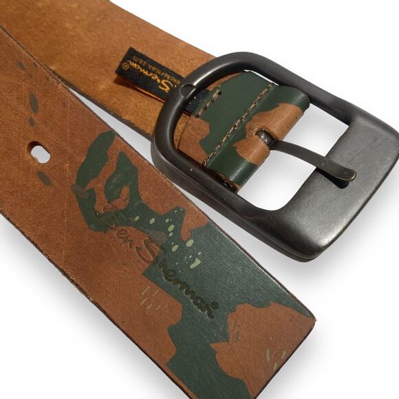 Ben Sherman Men's Brown Camouflage Genuine Leather Belt Size 32 Heavy Duty 1.75" - Picture 3 of 10
